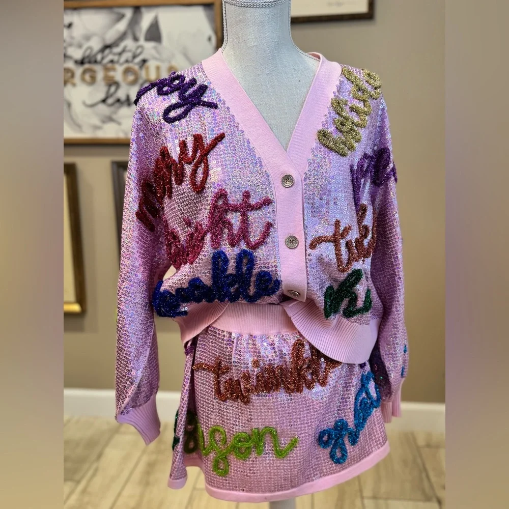 New! QUEEN OF SPARKLES Set! Pink Sequin Holiday Words Cardigan & Skirt Set - Picture 4 of 14